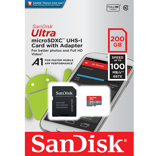 رم میکرو 200 گیگ سن دیسک SanDisk Ultra U1 A1 100MB/s + خشاب