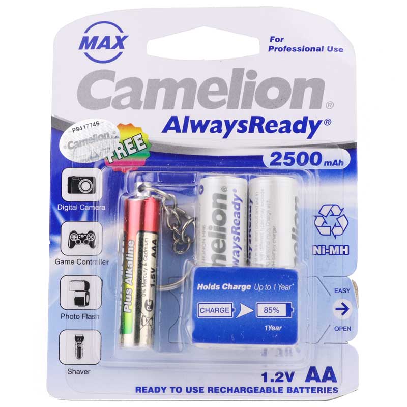 باتری دوتایی قلمی شارژی Camelion Alwaysready Max 1.2V AA 2500mAh + چراغ قوه