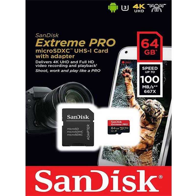 رم میکرو 64 گیگ سن دیسک SanDisk Extreme Pro U3 A1 100MB/s + خشاب