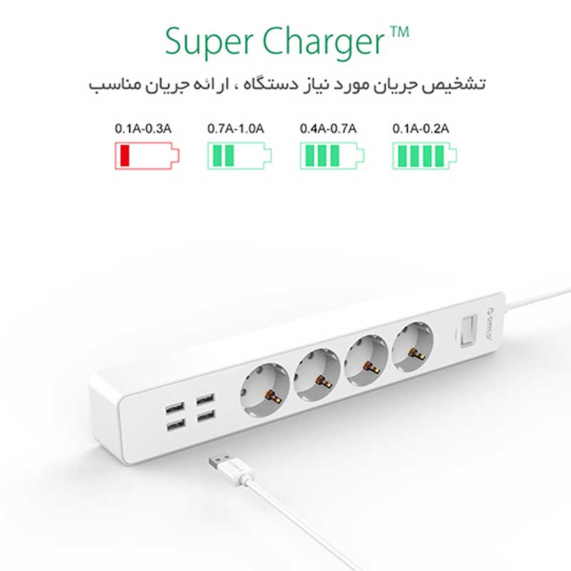 چند راهی 4 خانه اوریکو OSC-4A4U-EU با کابل 1.5 متری + شارژر USB