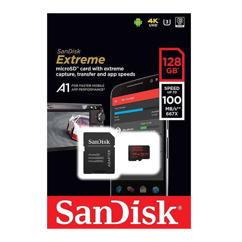 رم میکرو 128 گیگ سن دیسک SanDisk Extreme U3 A1 100MB/s + خشاب