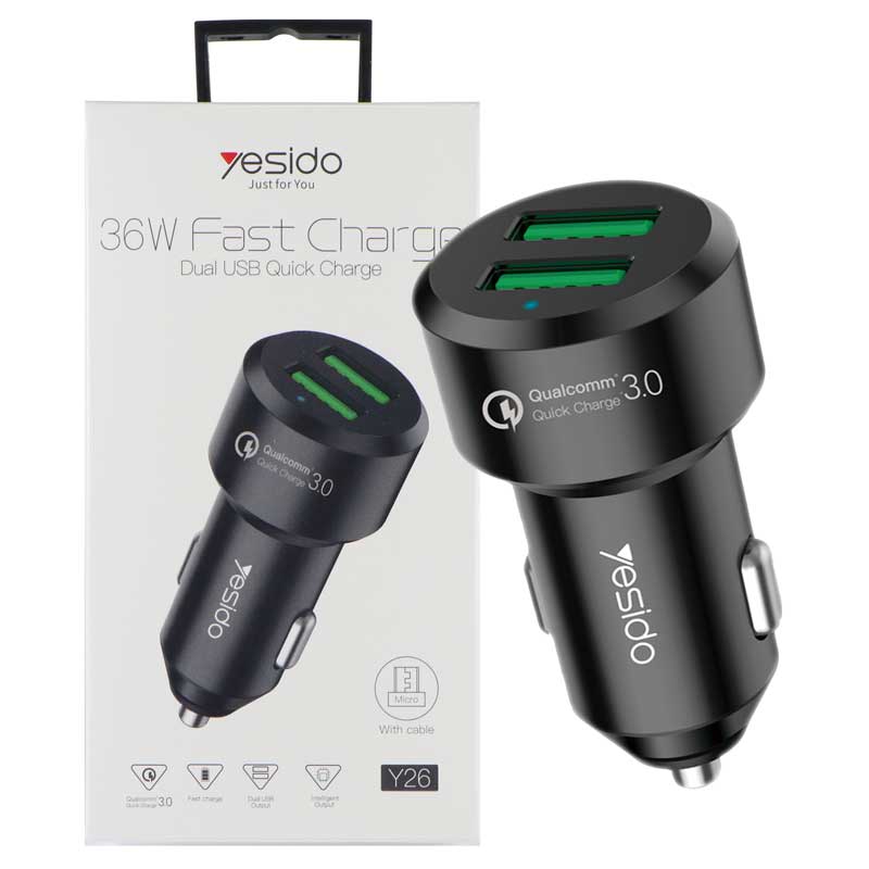 شارژر فندکی فست شارژ Yesido Y26 QC3 + کابل میکرو یو اس بی