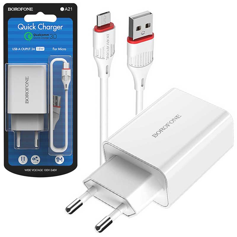 شارژر فست شارژ Borofone BA21A QC3 + کابل میکرو یو اس بی