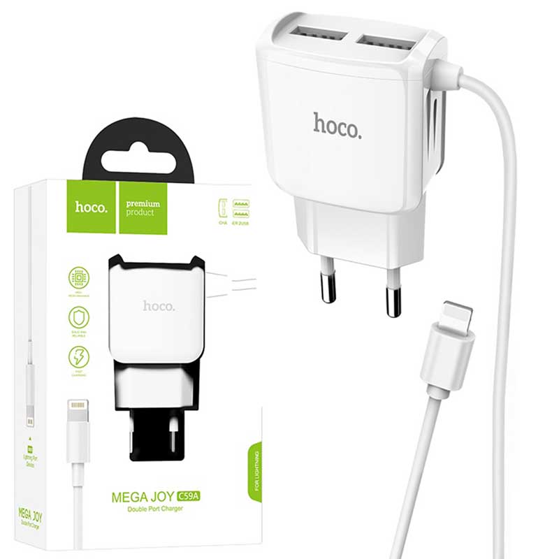 شارژر سیم وصل آیفونی Hoco C59A + دو پورت USB (گارانتی 6 ماهه)