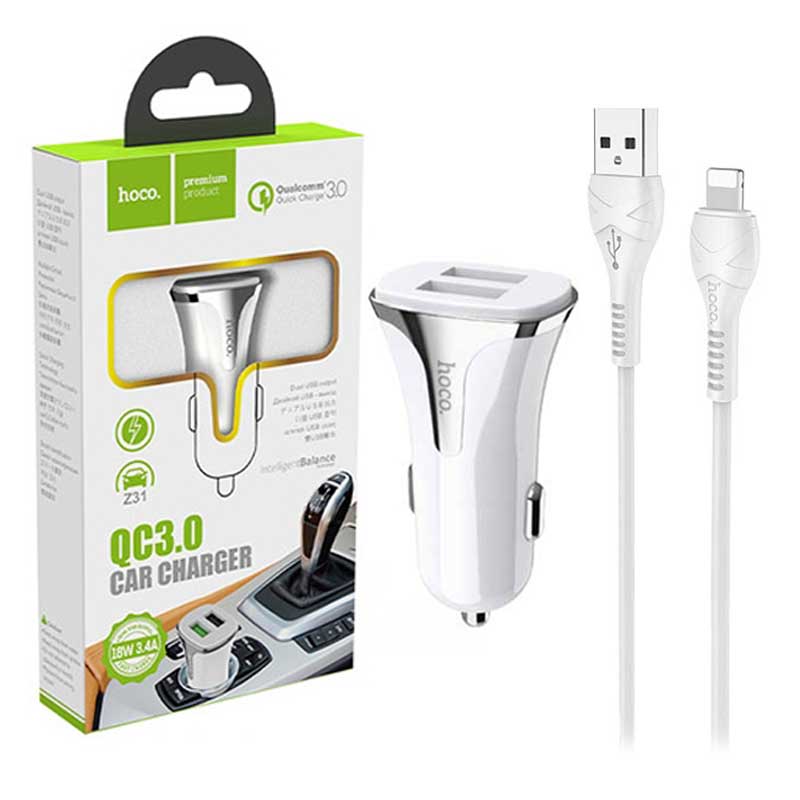 شارژر فندکی فست شارژ هوکو Hoco Z31 + کابل آیفونی (گارانتی 6 ماهه)