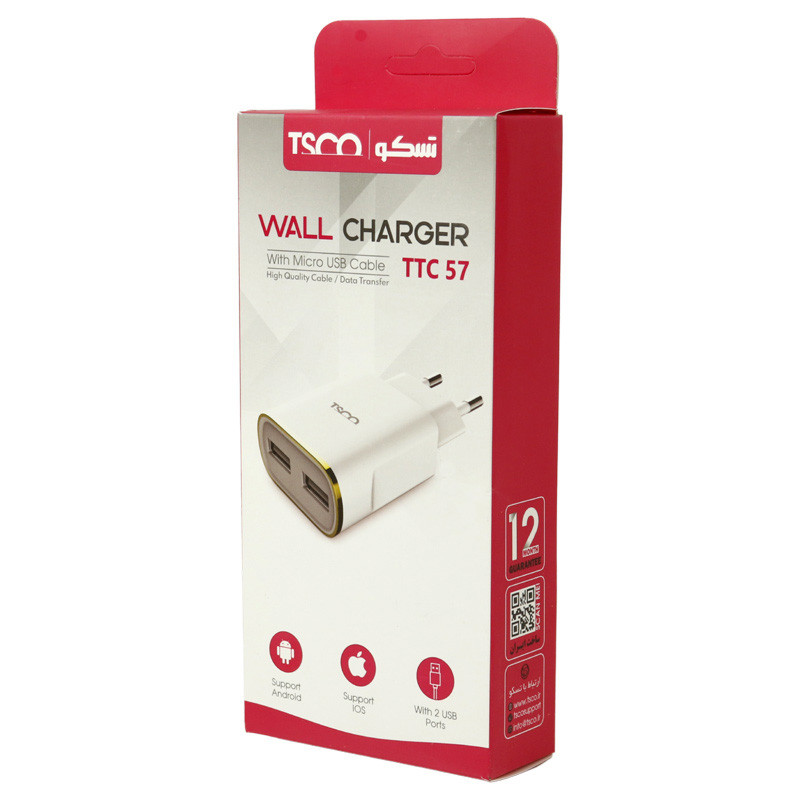 شارژر دیواری TSCO TTC57 2Port 2.4A + کابل میکرو یو اس بی