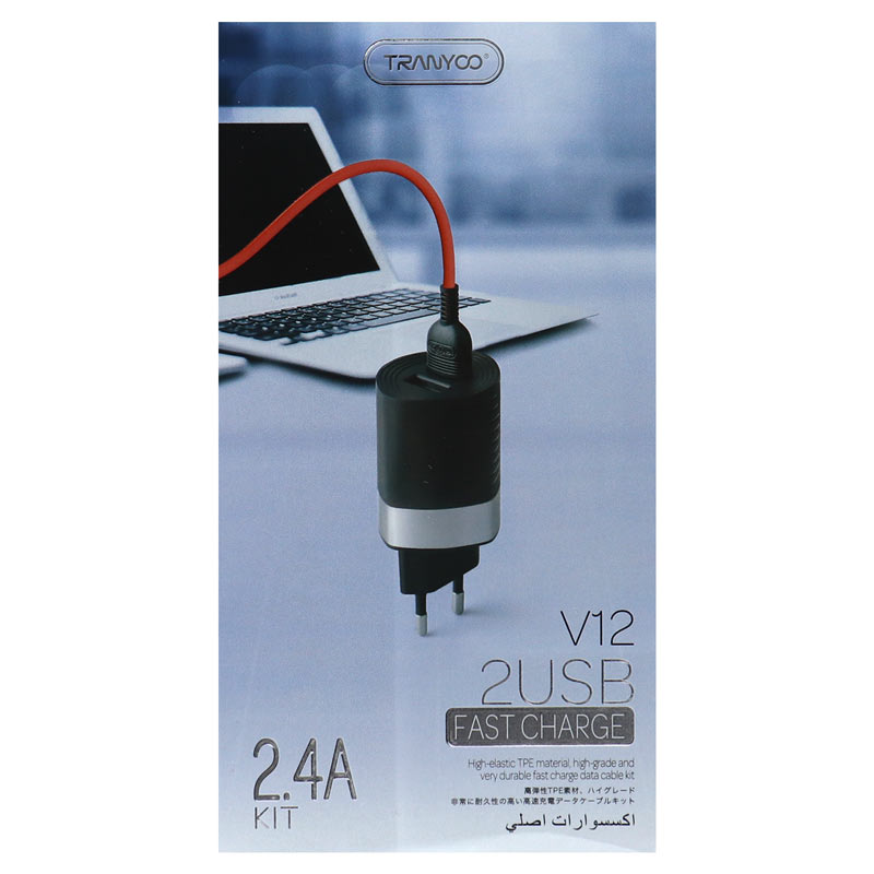شارژر دیواری فست شارژ Tranyoo V12 2.4A 12W + کابل میکرو یو اس بی