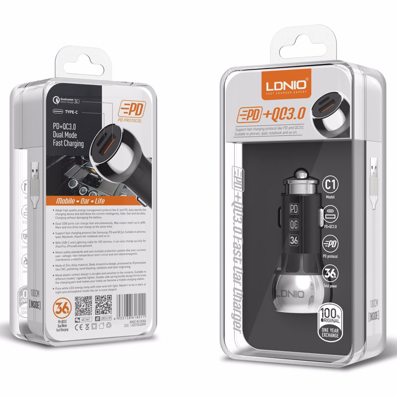 شارژر فندکی فست شارژ LDNIO C1 36W PD+QC3 + کابل Type-C