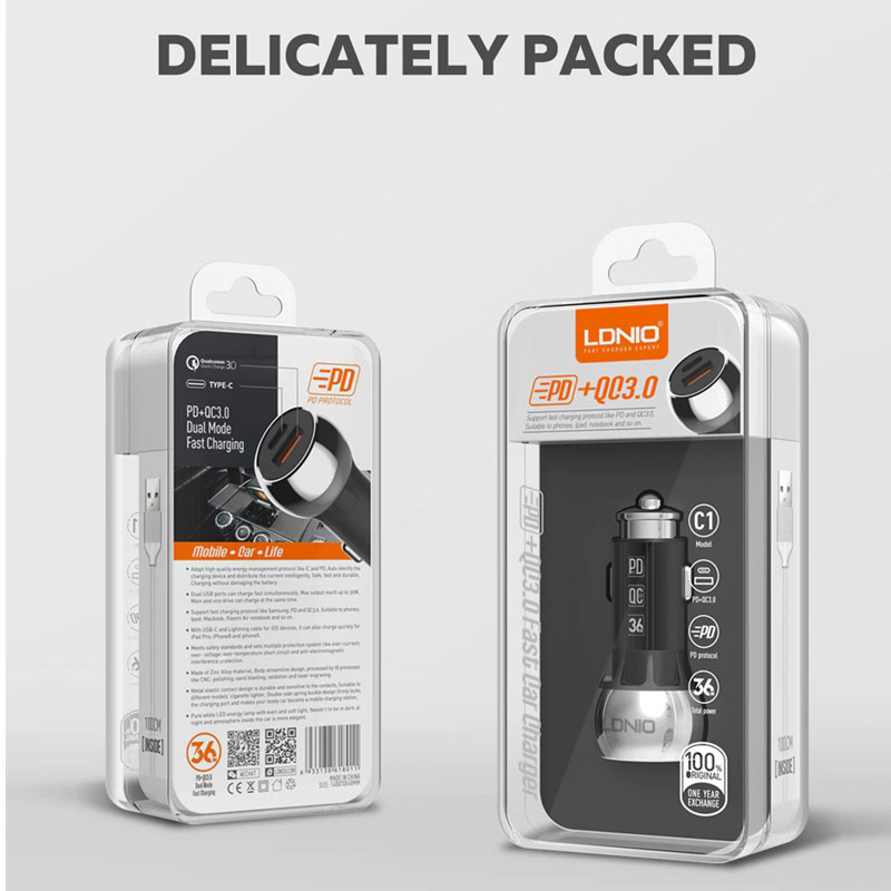 شارژر فندکی فست شارژ LDNIO C1 36W PD+QC3 + کابل Type-C
