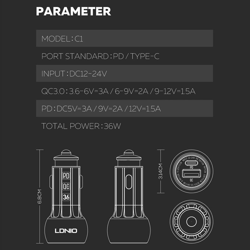 شارژر فندکی فست شارژ LDNIO C1 36W PD+QC3 + کابل Type-C