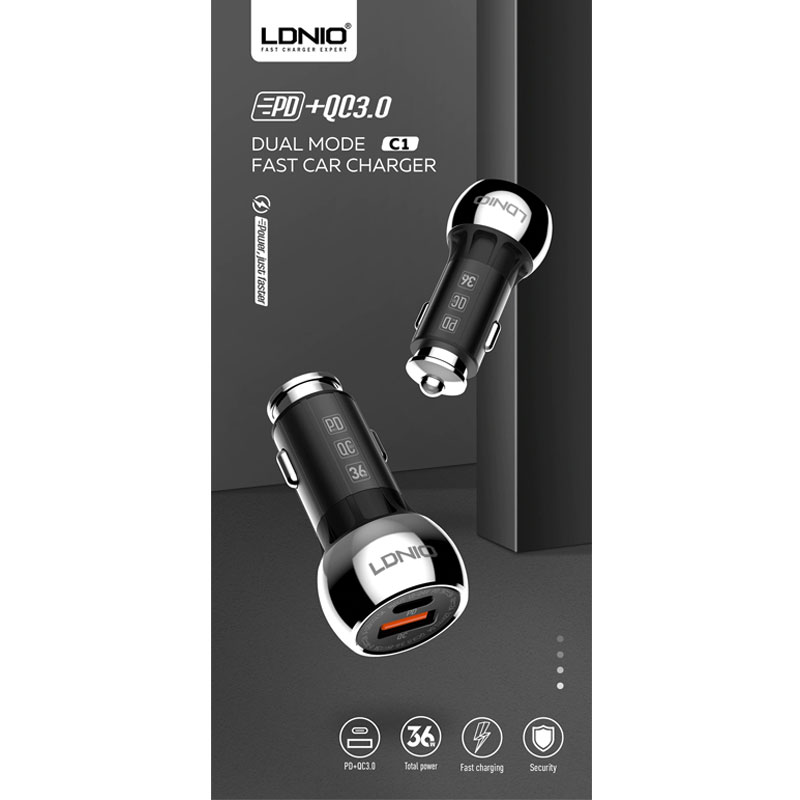 شارژر فندکی فست شارژ LDNIO C1 36W PD+QC3 + کابل Type-C