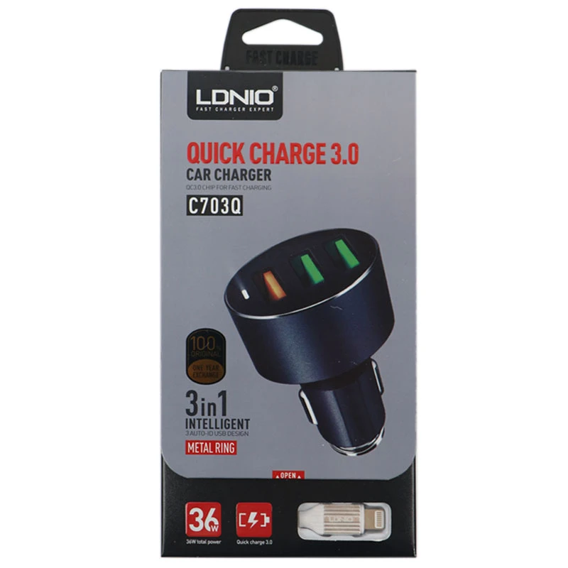 شارژر فندکی فست شارژ LDNIO C703Q 3.6A + کابل آیفونی