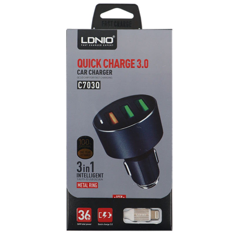 شارژر فندکی فست شارژ LDNIO C703Q 3.6A + کابل آیفونی