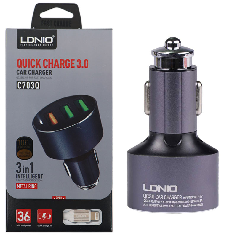 شارژر فندکی فست شارژ LDNIO C703Q 3.6A + کابل آیفونی