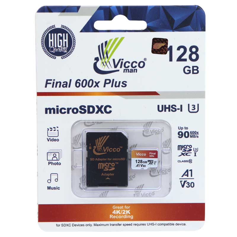 رم میکرو 128 گیگ ویکومن Vicco Final 600x Plus U3 A1 90MB/s + خشاب