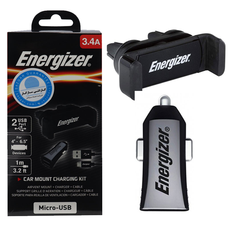 شارژر فندکی Energizer CKITB2CMC3 3.4A + هولدر + کابل میکرو یو اس بی