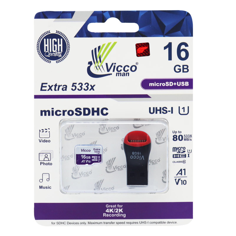رم میکرو 16 گیگ ویکومن Vicco Man Extra 533X U1 C10 80MB/s + رم ریدر