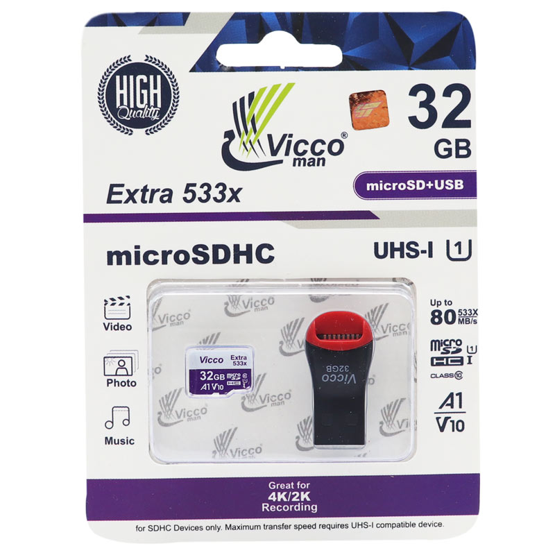 رم میکرو 32 گیگ ویکومن Vicco Man Extra 533X U1 C10 80MB/s + رم ریدر