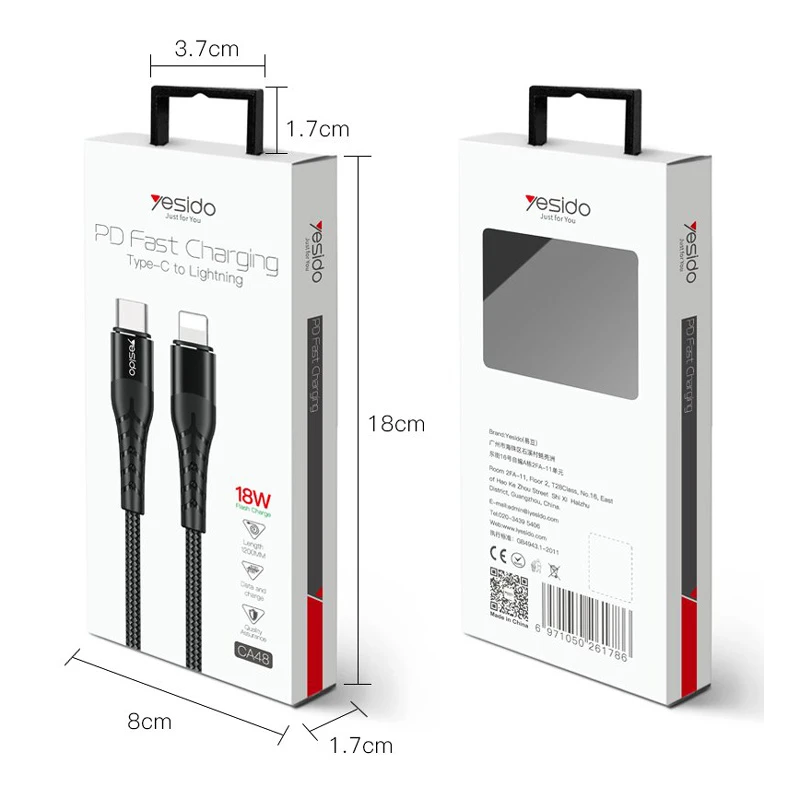 کابل تبدیل فست شارژ Yesido CA-48 Type-C to Lightning 2A 1.2m