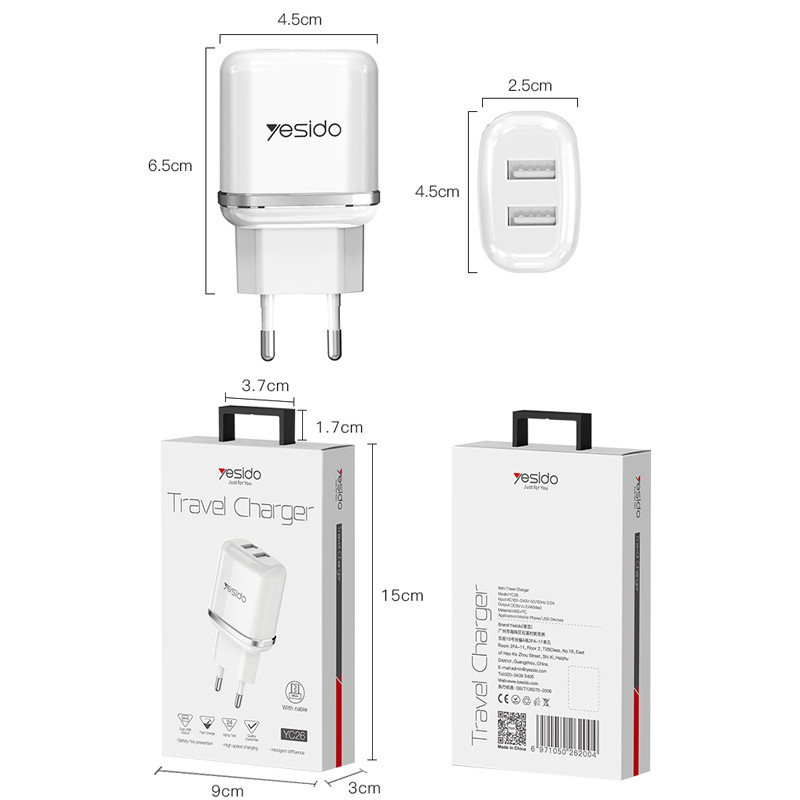 شارژر دیواری Yesido YC26 + کابل میکرو یو اس بی