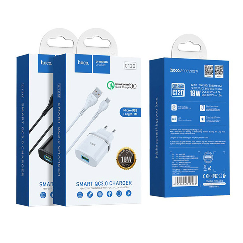 شارژر دیواری فست شارژ Hoco C12Q QC3 18W + کابل microUSB (گارانتی 12 ماهه)