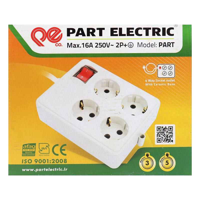 چند راهی 4 خانه بدون ارت پارت الکتریک با کابل 3 متر مدل PE329