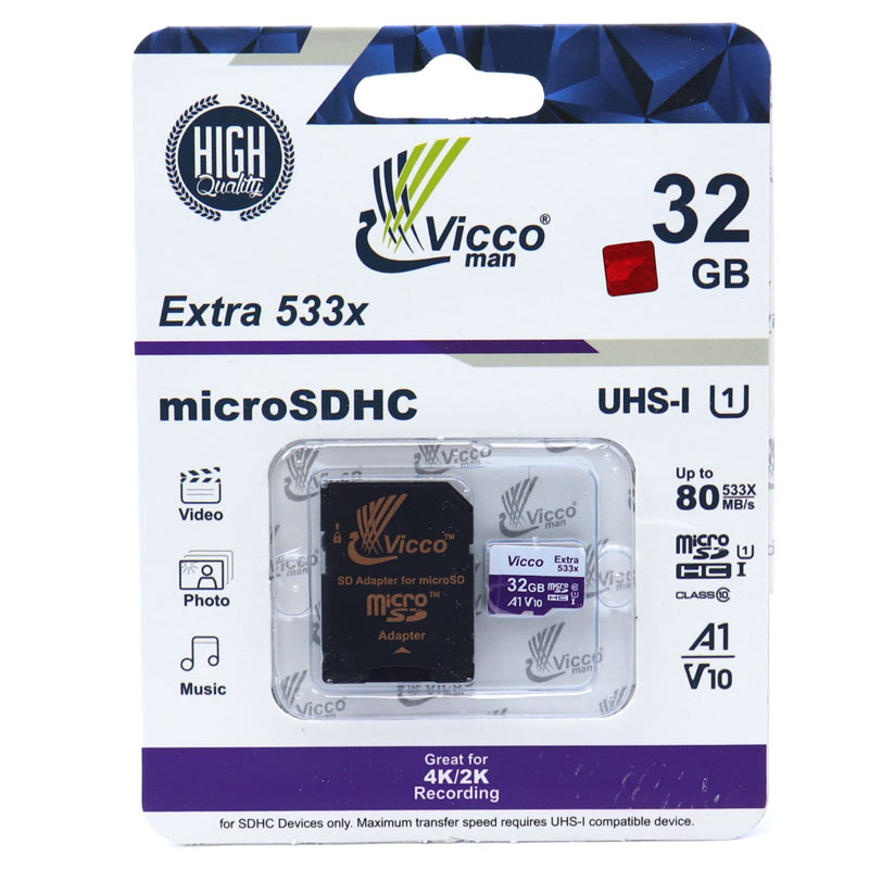 رم میکرو 32 گیگ ویکومن Vicco Man Extra 533X U1 C10 80MB/s + خشاب