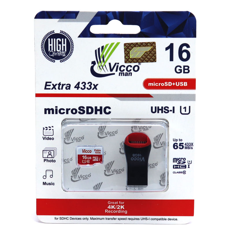 رم میکرو 16 گیگ ویکومن Vicco Man Extra 433X U1 C10 65MB/s بدون خشاب + رم ریدر