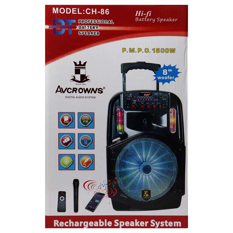 اسپیکر چمدانی بلوتوثی رم و فلش خور AVCROWNS CH-86 + میکروفن و ریموت کنترل