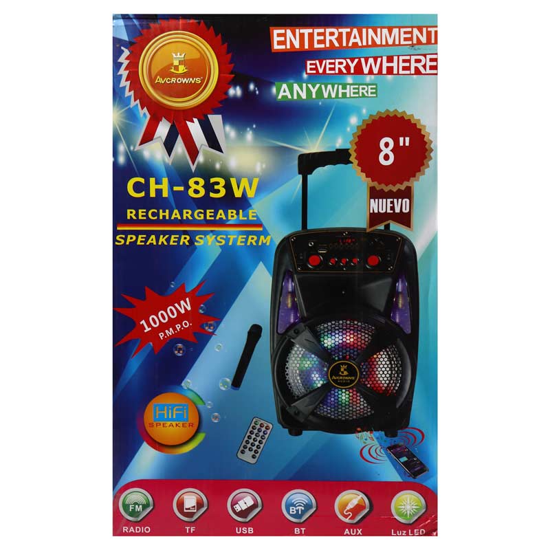 اسپیکر چمدانی بلوتوثی رم و فلش خور AVCROWNS CH-83W + میکروفن و ریموت کنترل