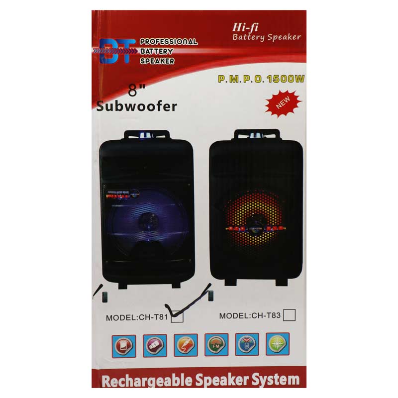 اسپیکر چمدانی بلوتوثی رم و فلش خور BT CH-T81 + میکروفن و ریموت کنترل