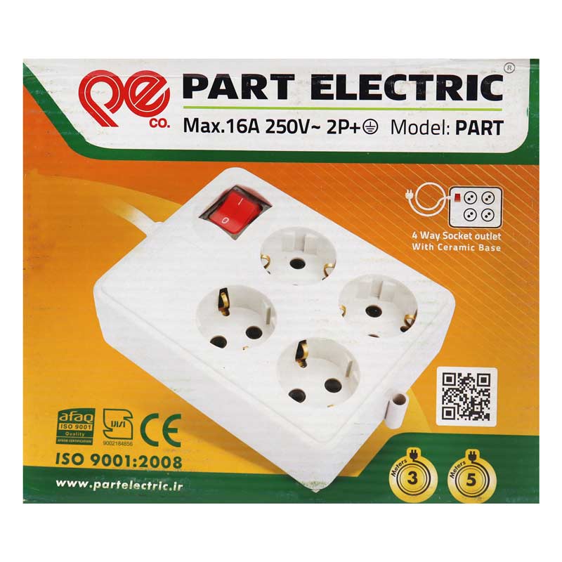 چند راهی 4 خانه ارت دار پارت الکتریک با کابل 5 متر مدل PE0319