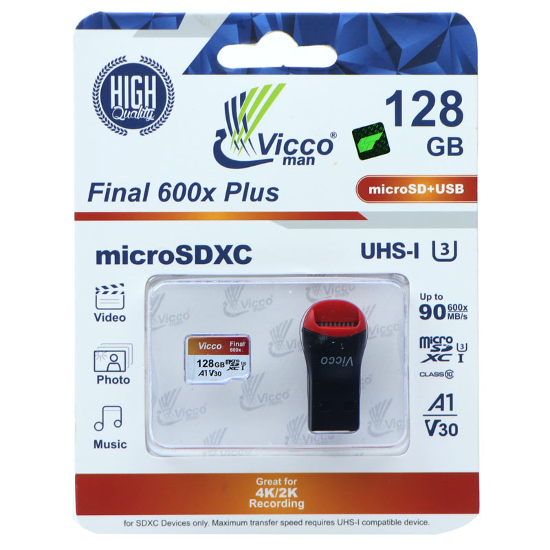 رم میکرو 128 گیگ ویکومن Vicco Man Final 600x Plus U3 C10 90MB/s بدون خشاب + رم ریدر