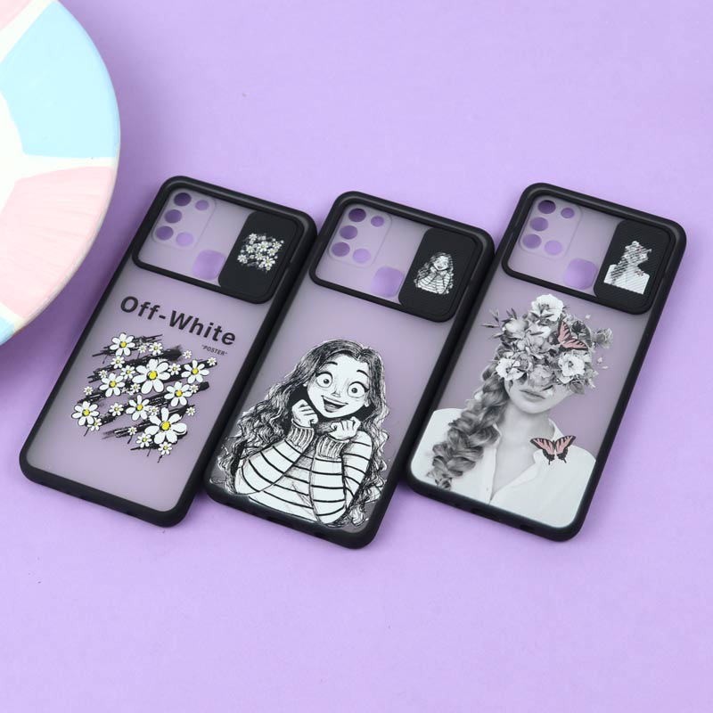 قاب سامسونگ Galaxy A21s طرح دار مشکی محافظ لنزدار کشویی