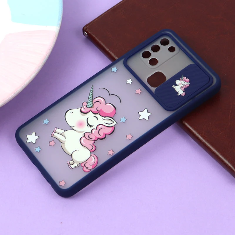 قاب سامسونگ Galaxy A21s طرح دار سرمه ای محافظ لنزدار کشویی