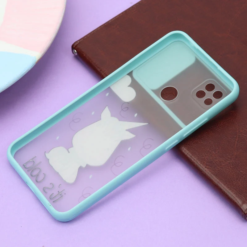 قاب شیائومی Redmi 9C طرح دار سبزآبی محافظ لنزدار کشویی