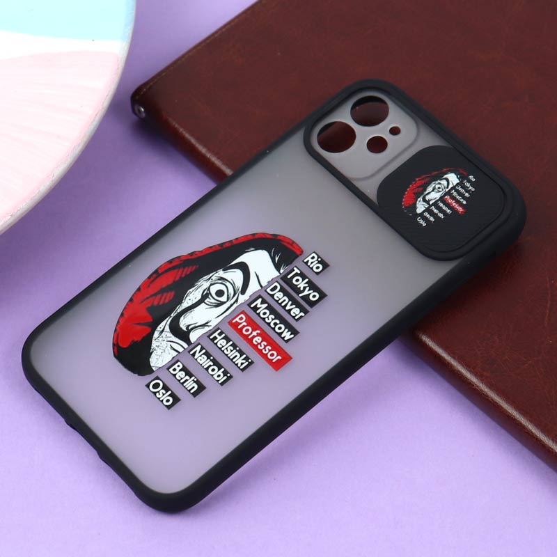 قاب محافظ لنز دار کشویی طرحدار مشکی iPhone 11