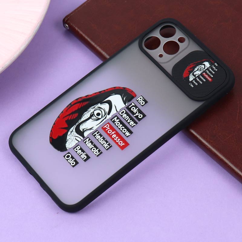 قاب محافظ لنز دار کشویی طرحدار مشکی iPhone 11 Pro Max