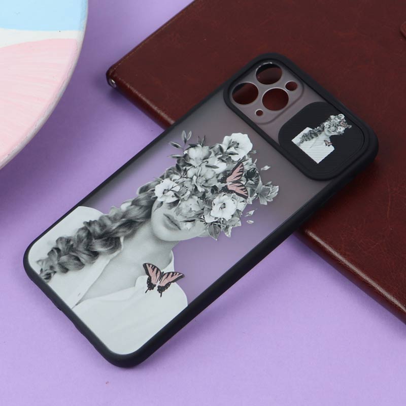 قاب محافظ لنز دار کشویی طرحدار مشکی iPhone 11 Pro Max