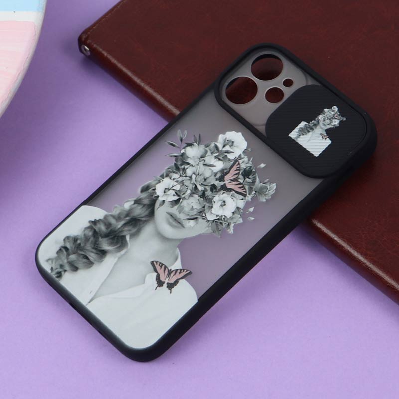 قاب آیفون iPhone 12 Mini طرح دار مشکی محافظ لنزدار کشویی