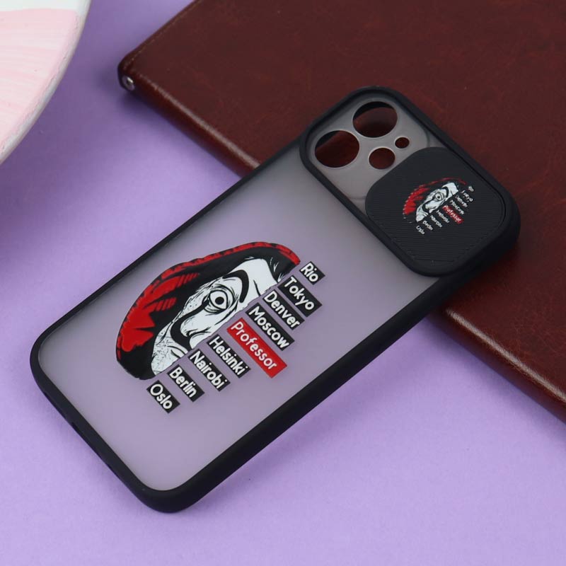 قاب محافظ لنز دار کشویی طرحدار مشکی iPhone 12 Mini