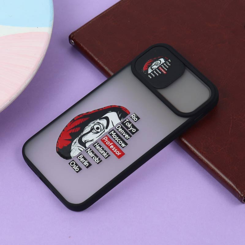قاب محافظ لنز دار کشویی طرحدار مشکی iPhone 12 Pro