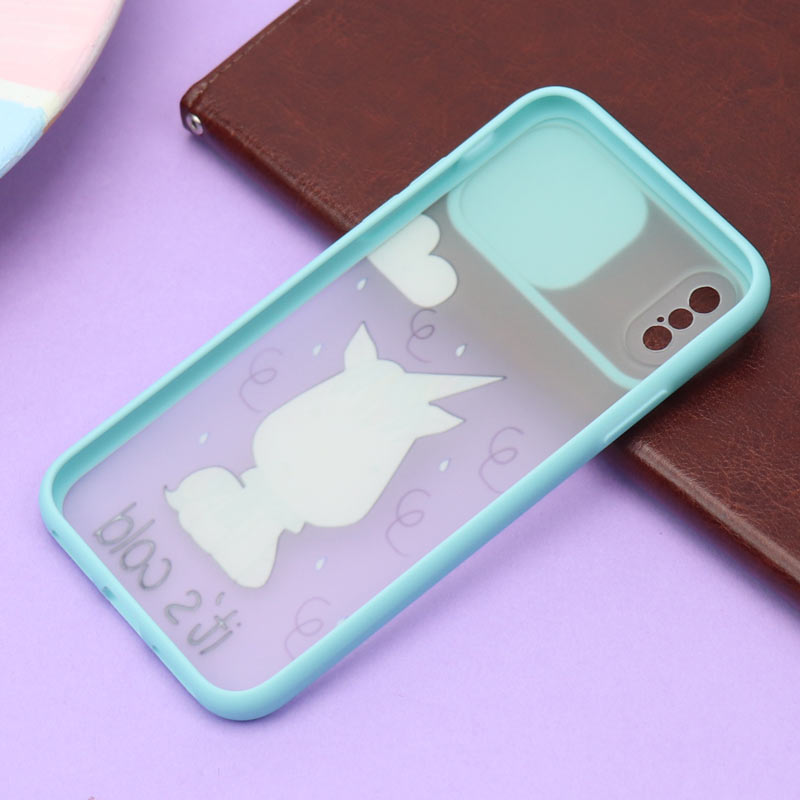 قاب محافظ لنز دار کشویی طرحدار سبزآبی iPhone X/XS