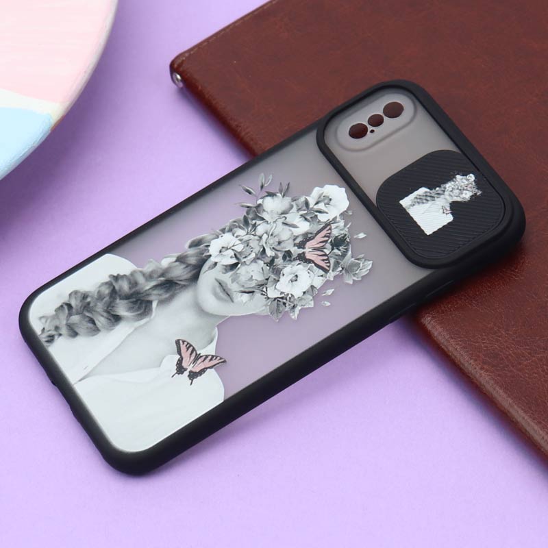 قاب محافظ لنز دار کشویی طرحدار مشکی iPhone X/XS