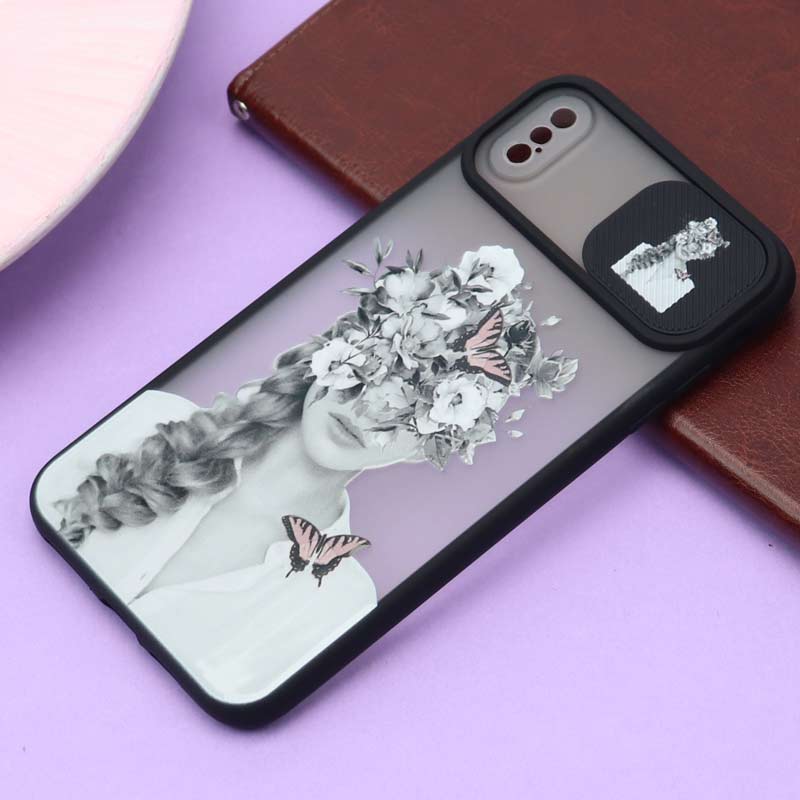 قاب محافظ لنز دار کشویی طرحدار مشکی iPhone XS Max
