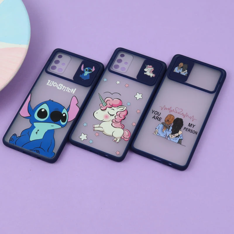 قاب سامسونگ Galaxy A71 طرح دار سرمه ای محافظ لنزدار کشویی