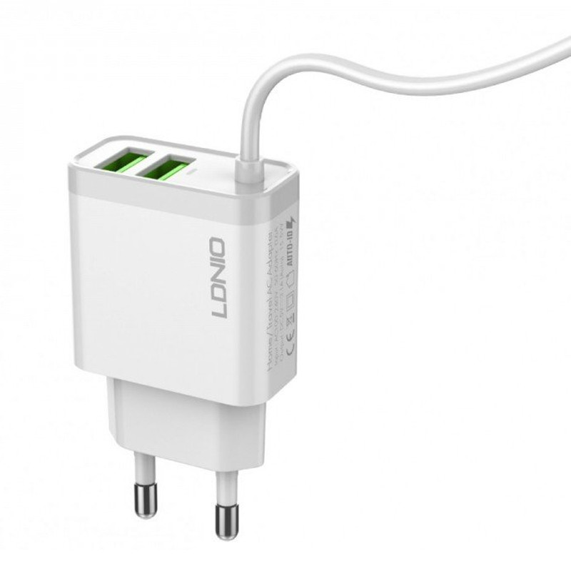 شارژر سیم وصل میکرو یو اس بی فست LDNIO A321 15W 3.1A + دو پورت USB