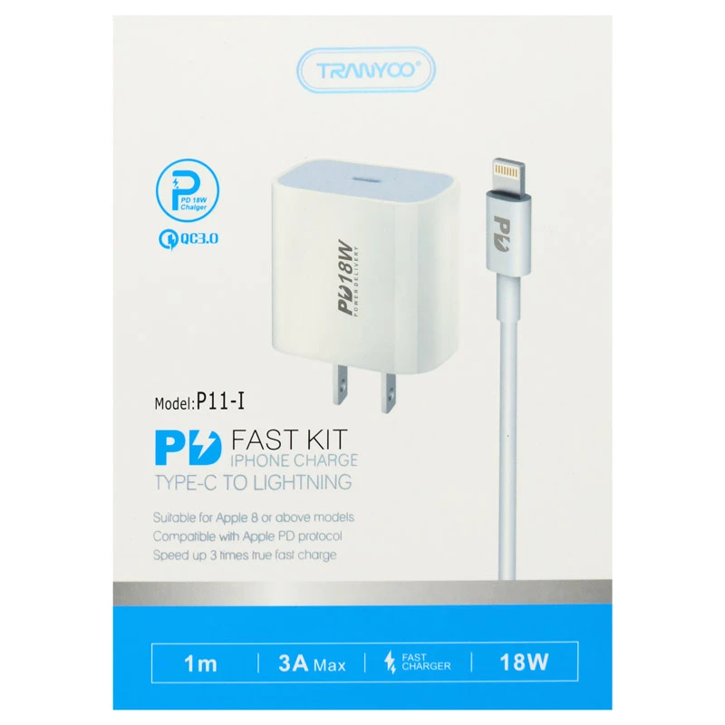 شارژر دیواری فست شارژ Tranyoo P11-I QC3 PD 3A 18W + کابل آیفونی