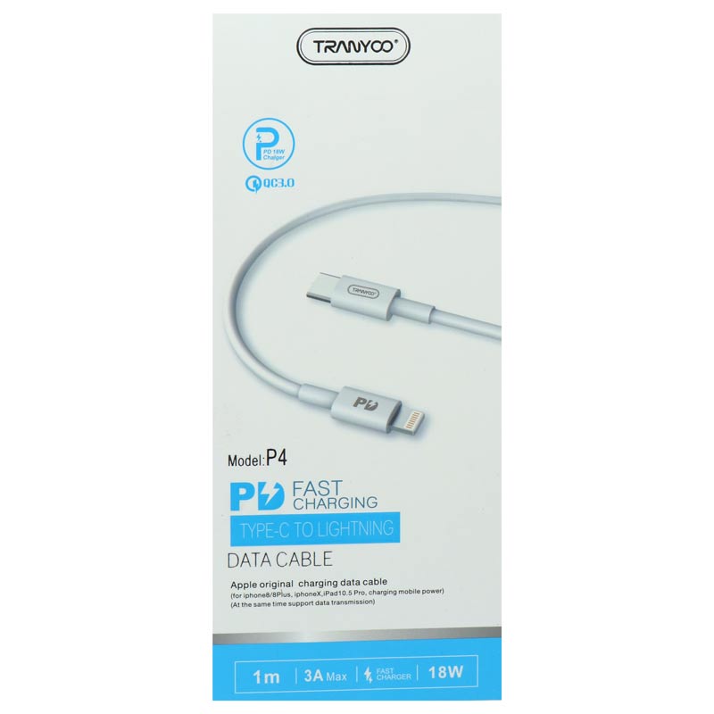 کابل تبدیل فست شارژ Tranyoo P4 Type-C to Lightning QC3 PD 3A 1m