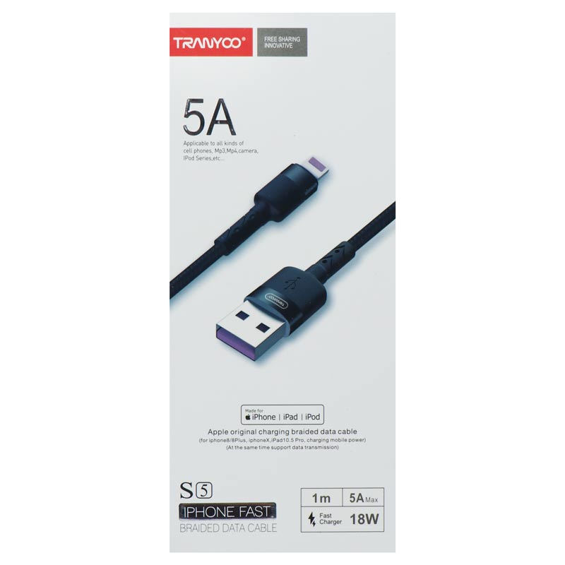 کابل آیفونی فست شارژ Tranyoo S5 5A 1m